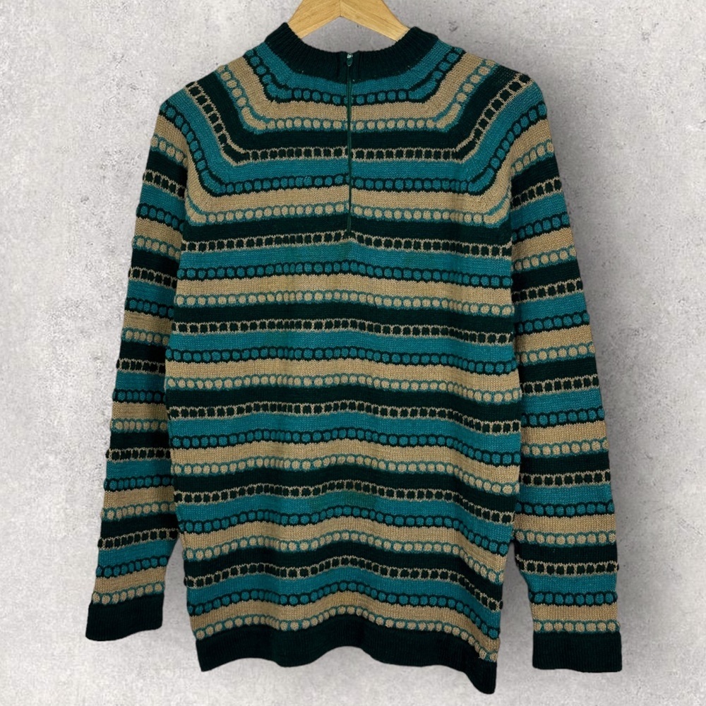 Vintage Wool Blend 3D Knit Sweater Pullover Green Teal Brown Stripe Large Zipper - Picture 11 of 11